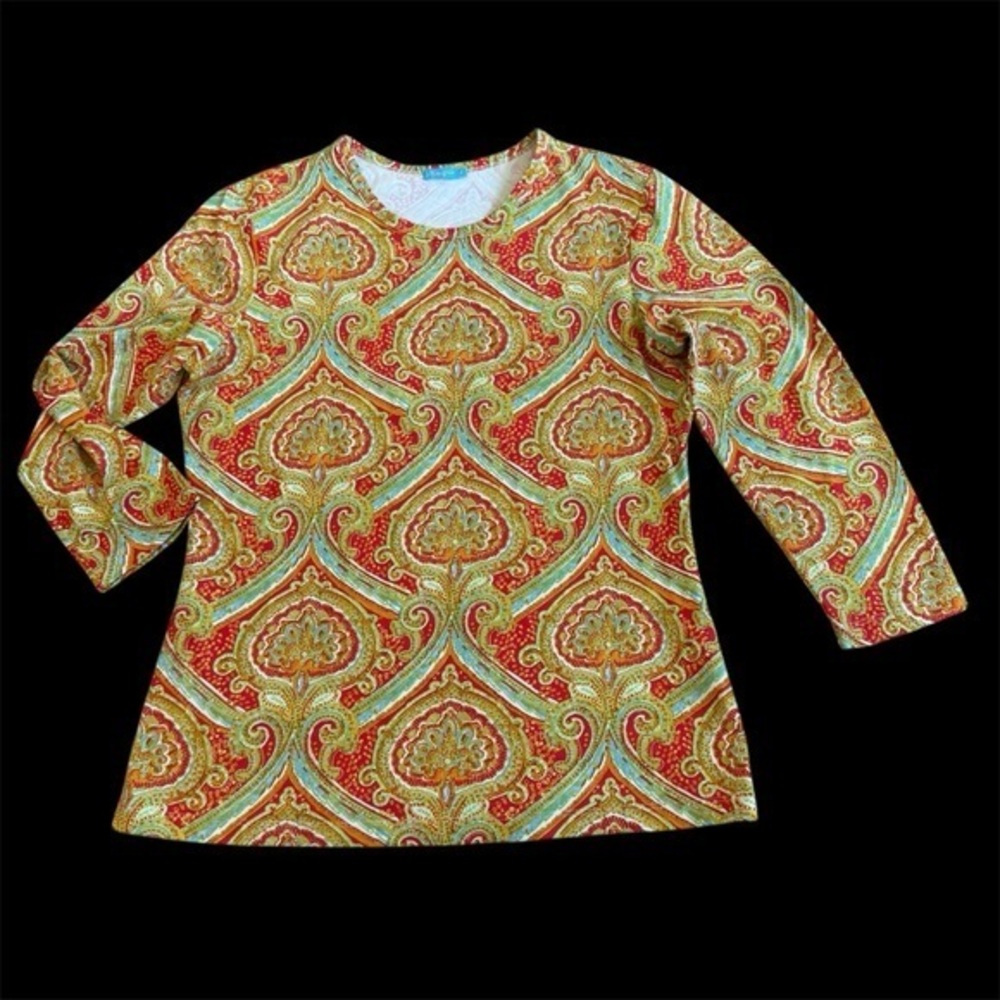J. McLaughlin Top Size Medium | Red Gold Paisley Print 3/4 Sleeve Catalina Cloth